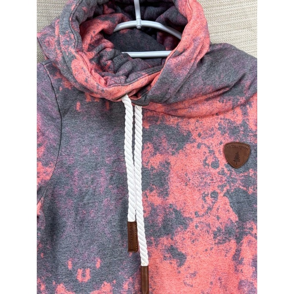 Wanakome Hestia Cowl Neck Hoodie Coral Pink Charcoal Grey Acid Wash Medium